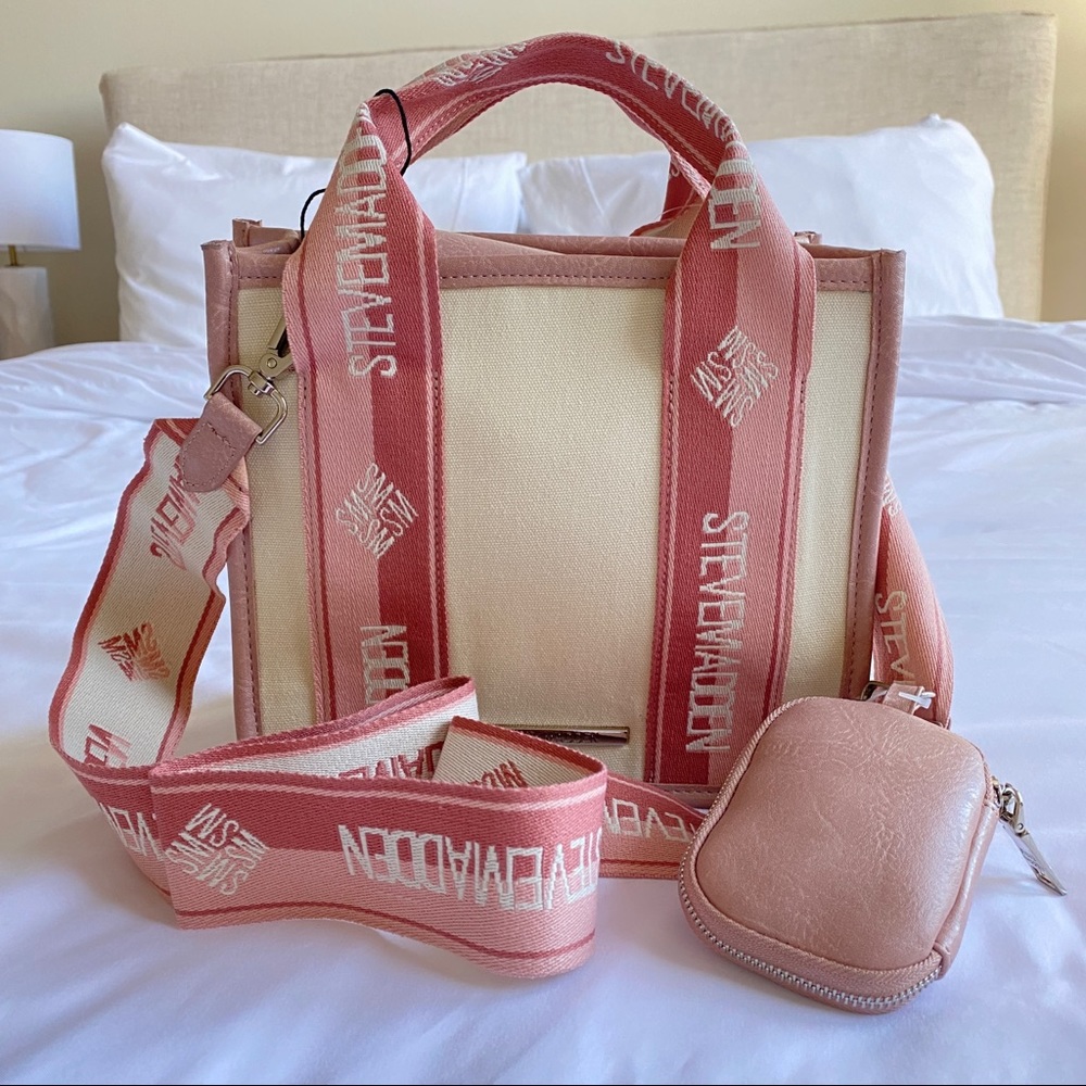 Steve Madden BWEBBER PINK Canvas Crossbody Tote Handbag
